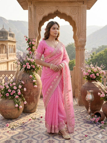 Nargis - Gulabi Noor Fendi Satin Silk Saree | Banarasii