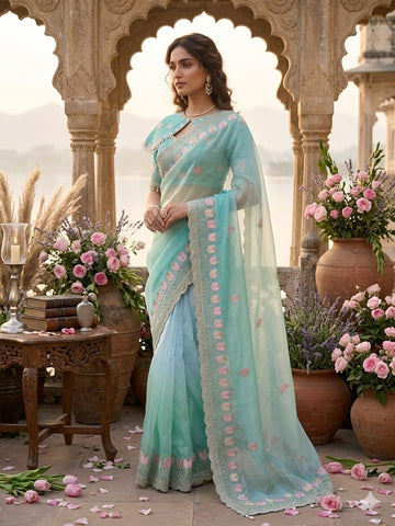 Nargis - Mint Aqua Fendi Satin Silk Saree | Banarasii