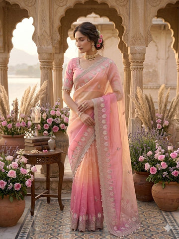 Nargis - Peach Blush Fendi Satin Silk Saree | Banarasii