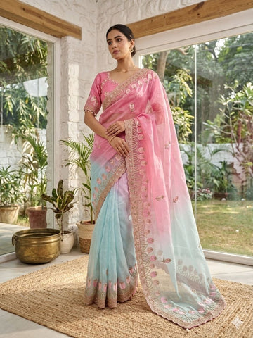 Nargis - Blush Lagoon Fendi Satin Silk Saree | Banarasii