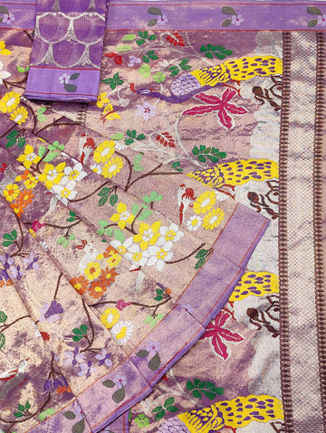 Bahaar - Lavender Mauve Pure Gold Double Tissue Zari Kota GI Tagged Handloom Saree | Banarasii