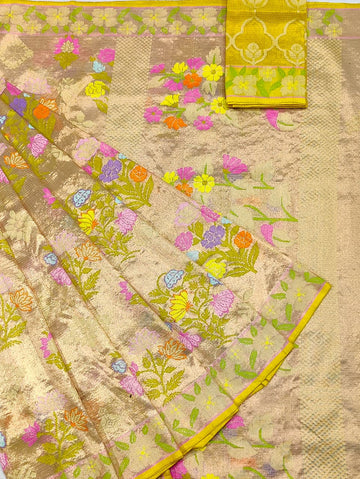 Nikhat - Champagne Gold Pure Gold Double Tissue Zari Kota GI Tagged Handloom Saree | Banarasii