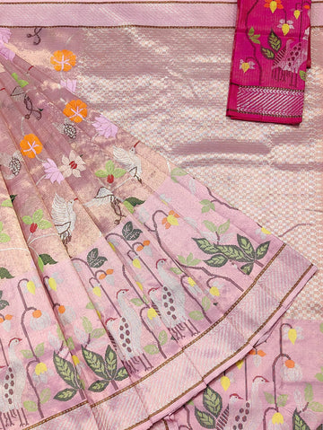 Gulabo | Blush Pink Pure Handloom Double Tissue Zari Kota GI Tagged Saree | Banarasii