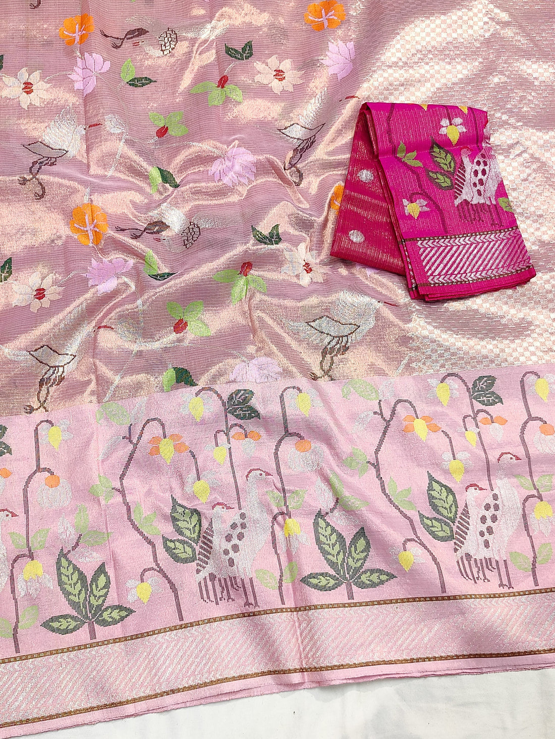 Gulabo | Blush Pink Pure Handloom Double Tissue Zari Kota GI Tagged Saree | Banarasii