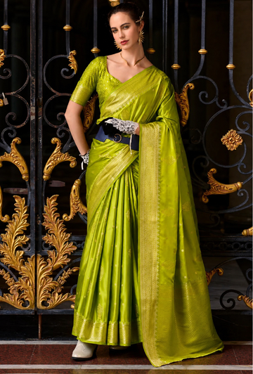 Tajalli | Raw Mango Green Banarasi Silk Rich Zari Weaved Saree | Banarasii